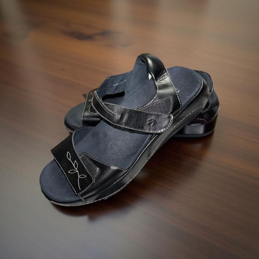 Aravon Women's Rita Black Leather Ankle Straps Heeled Platform Sandals Size 9EE